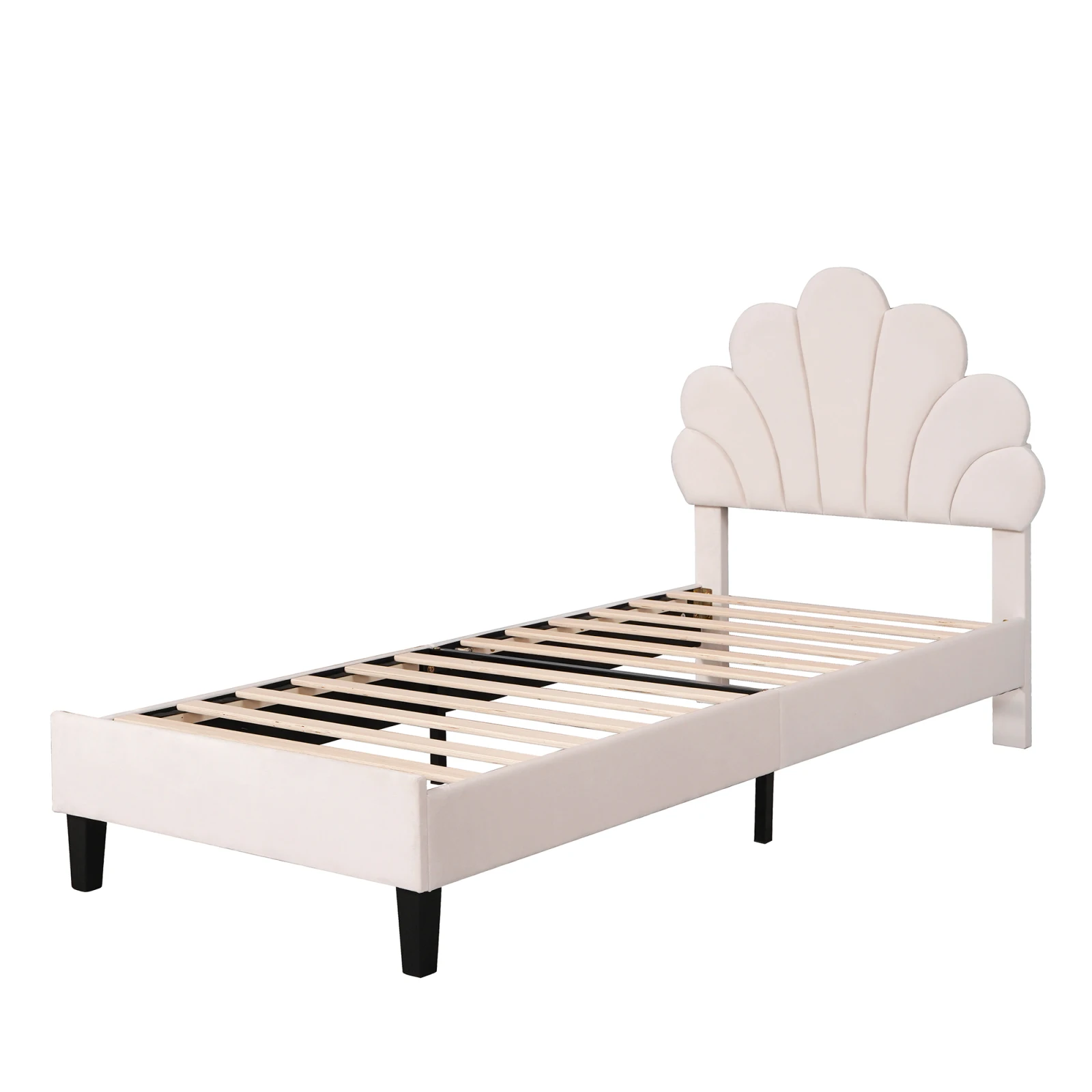 Fangange Kinderbed Eenpersoonsbed 90x200cm Gestoffeerd bed met bloemblaadjesvormig hoofdeinde Fluweel Stof Meisjesbed Beige/Rood