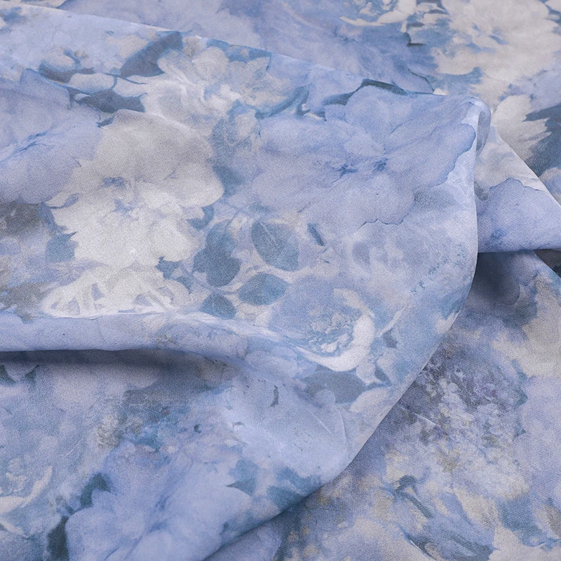 Georgette Fabric for Cool and Beautiful Look-138CM Wide10MM Thick Thin Silk Fabric With White Floral Print on Light Blue R130