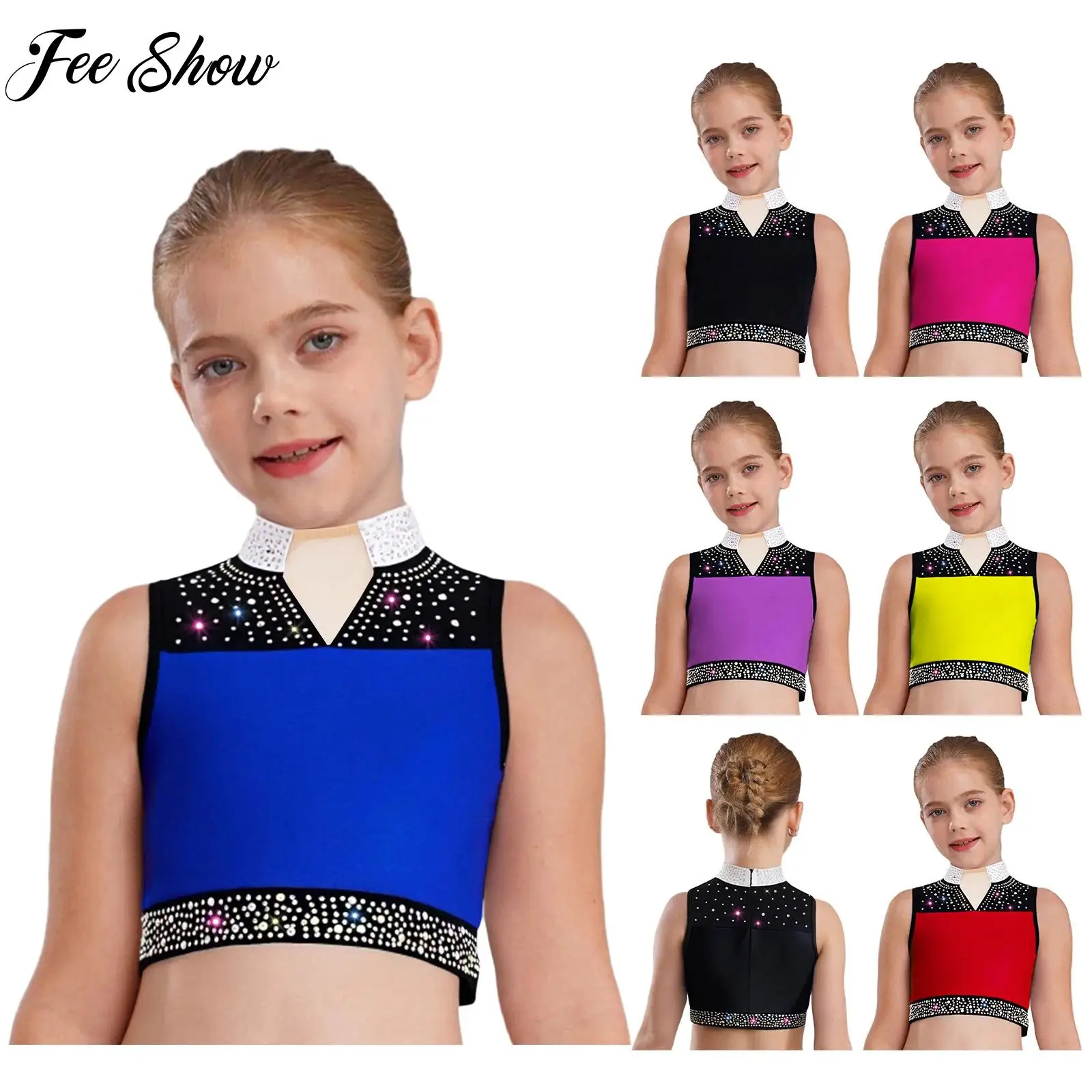 

Girls Kids Dance Tops Lyrical Modern Dance Gymnastics Figure Skating Performance Costume Sleeveless Vest Rhinestones Crop Top