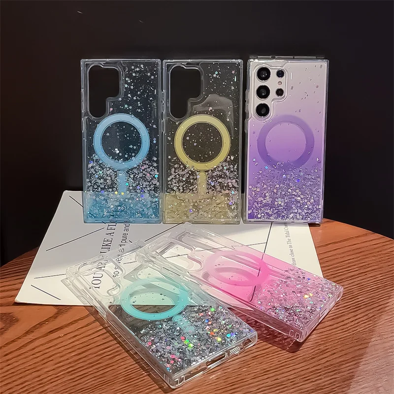 Glitter Magnetic Luxury Jellewed Liquid Soft Phone Case For Samsung S22 S23 S24 FE Plus Ultra For Magsafe Wireless Charge Cover