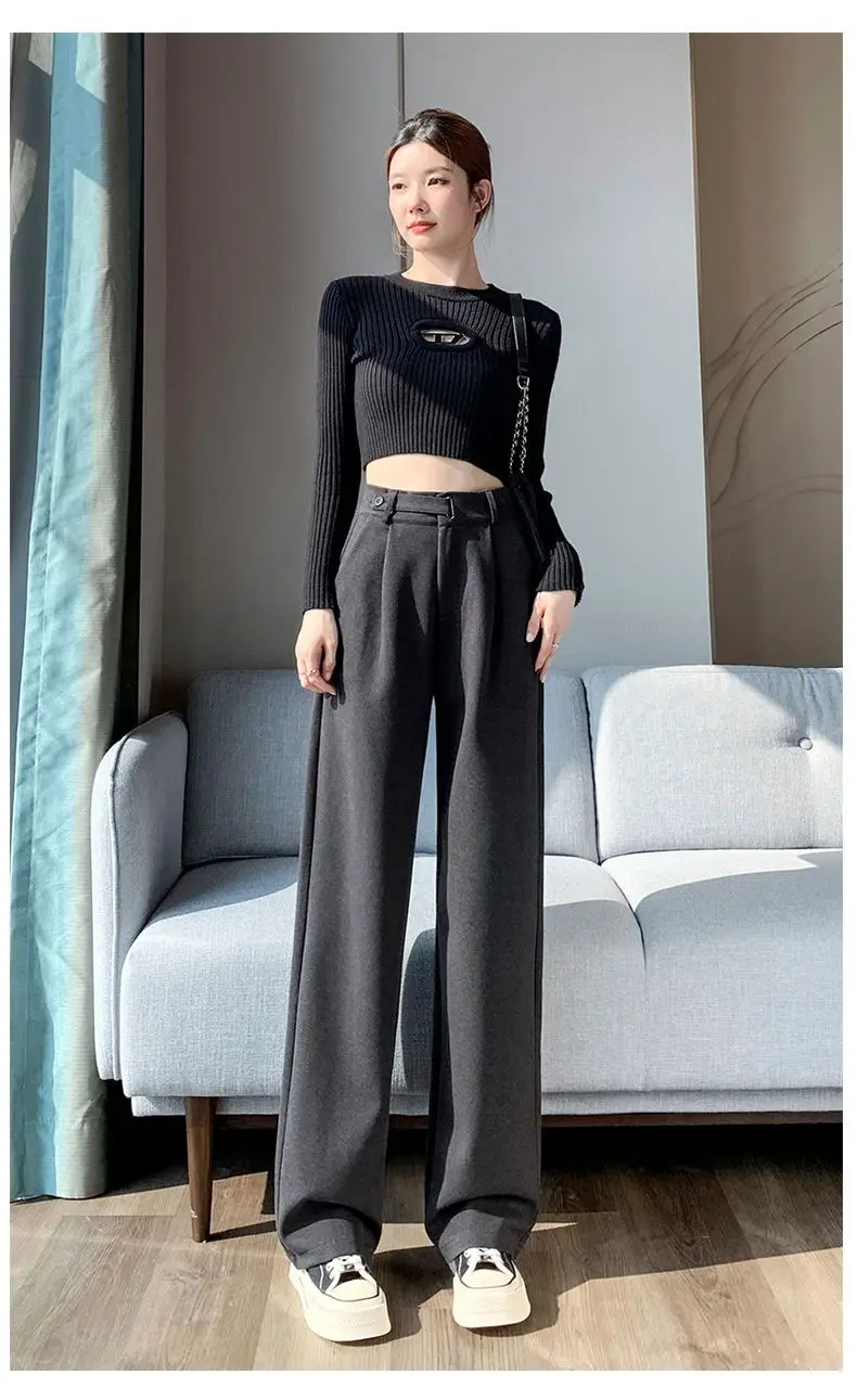 Brown Woolen High-end Suit Pants for Women in Autumn and Winter 2023 New Narrow Version Straight Wide-leg Pants with Drape