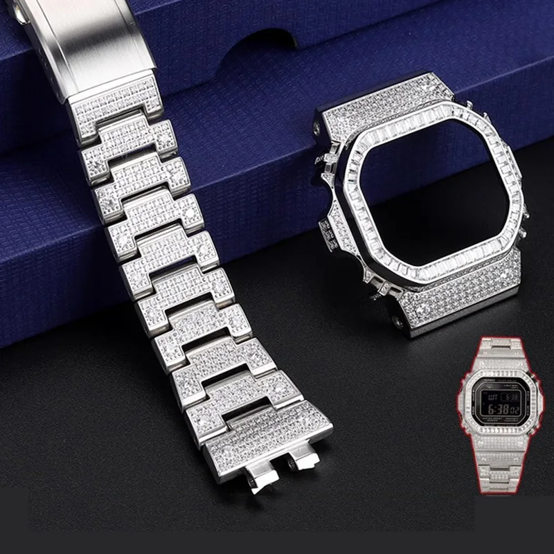 For CASIO GSHOCK 3459 GMW-B5000 Diamond watch strap set silver Diamond-encrusted case watchband refined soild metal Modified kit