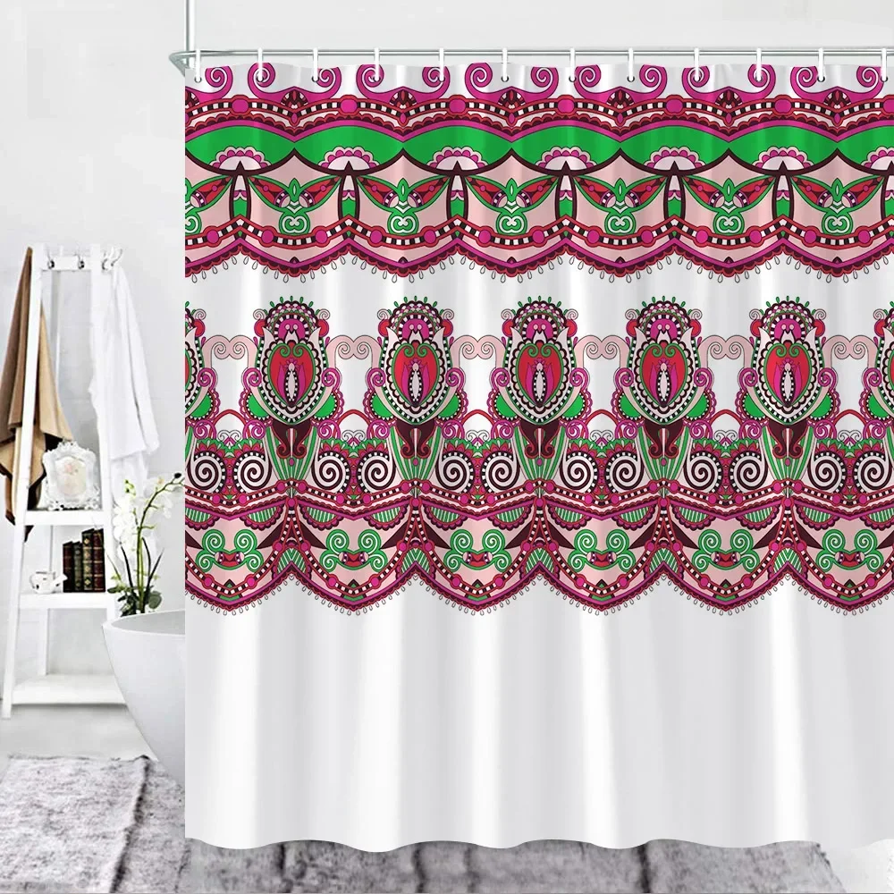 BOHO Shower Curtain Ethnic Color Art Lace Stripe Printing Decor Fabric Curtains Bathroom Accessories Set Hooks Machine Washable