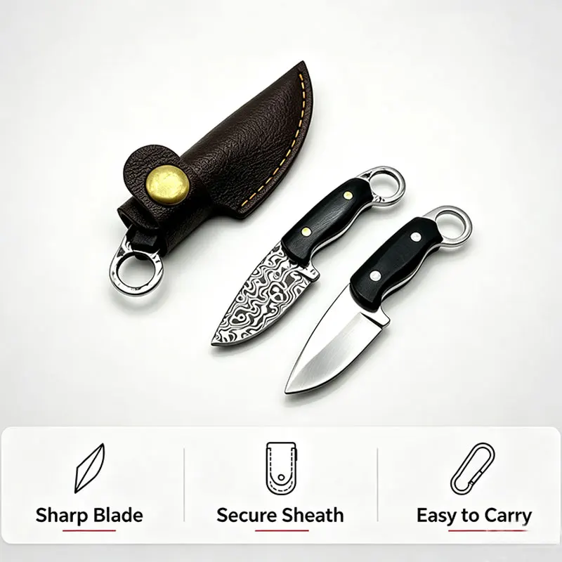 Mini keychain knife, with wooden handle and PU knife sheath, portable key hanging piece for express delivery