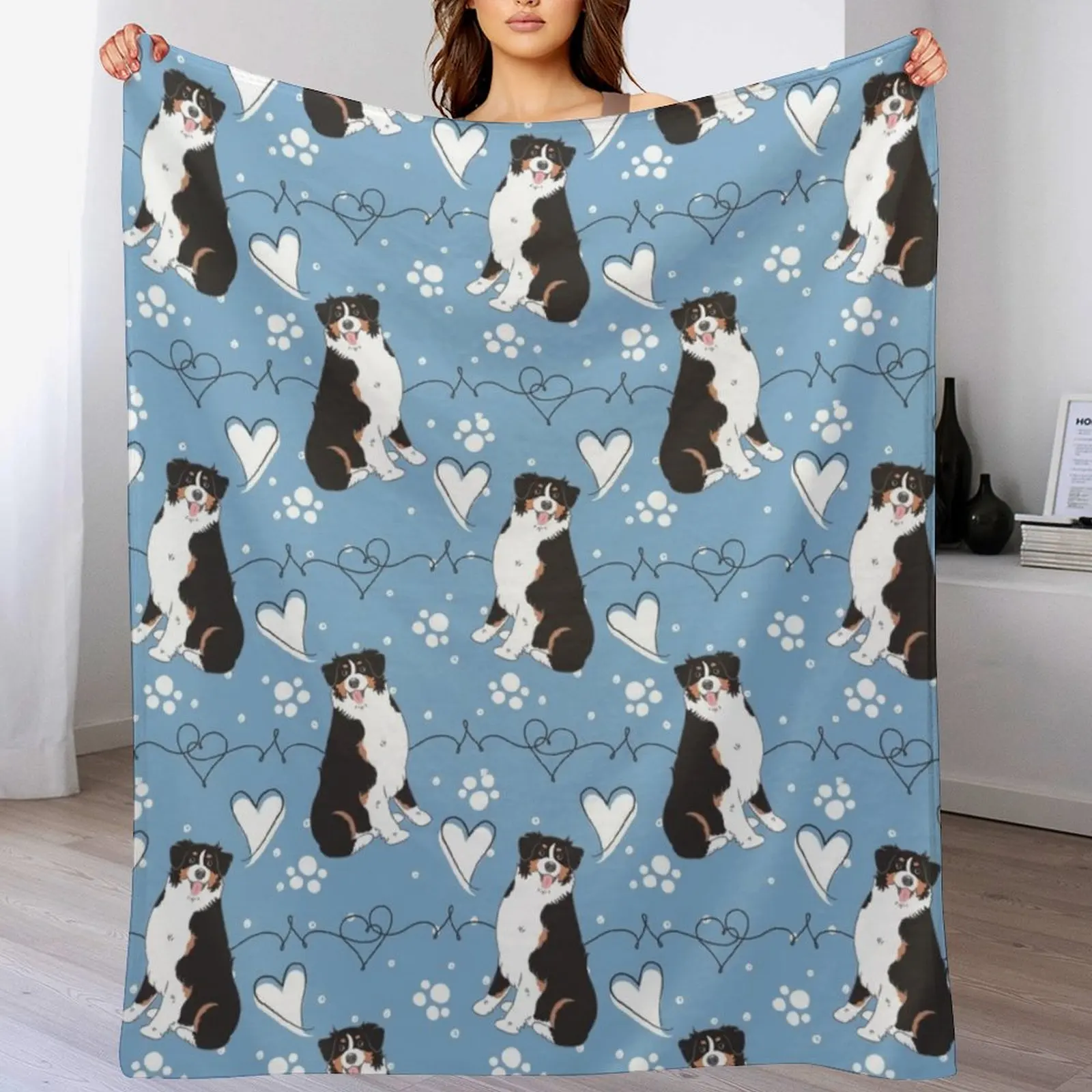 

LOVE Black Tricolor Australian Shepherd Throw Blanket Picnic Soft Plaid for sofa Luxury Designer Blankets