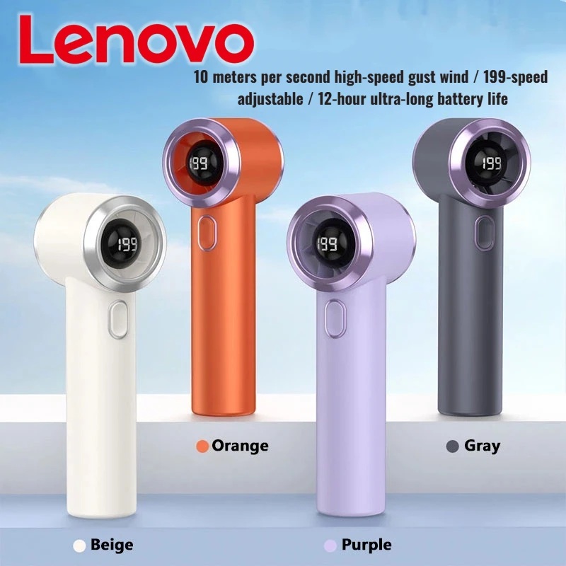 Lenovo USB Rechargeable Mini Fan 199 Speeds LED Display 12H Battery Portable Handheld & Desktop Fan for Travel Camping New