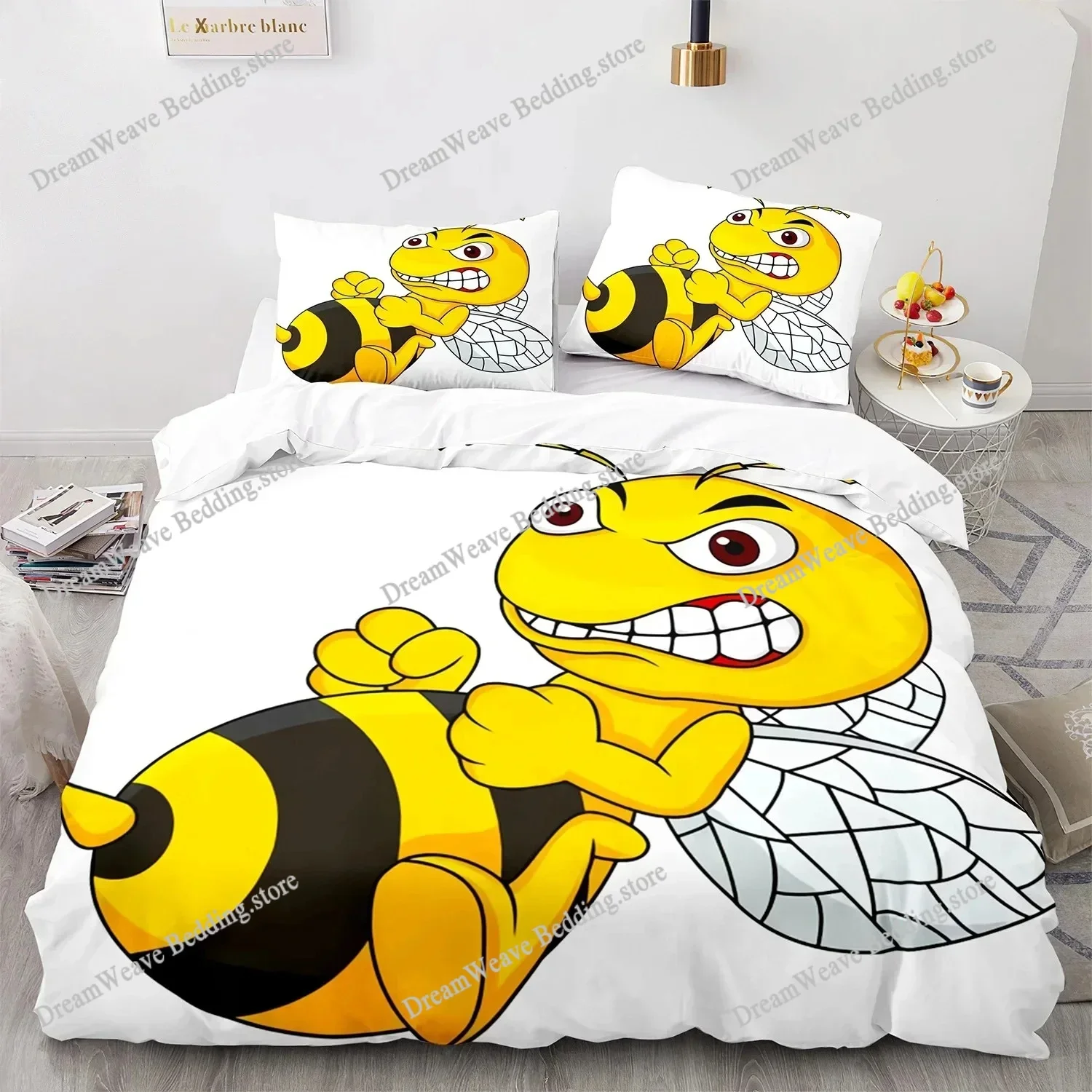 

3D Bee Print Duvet Cover Set for Boys Teens Polyester Bedding Set King Queen Size Yellow White Black Duvet Cover Bed963