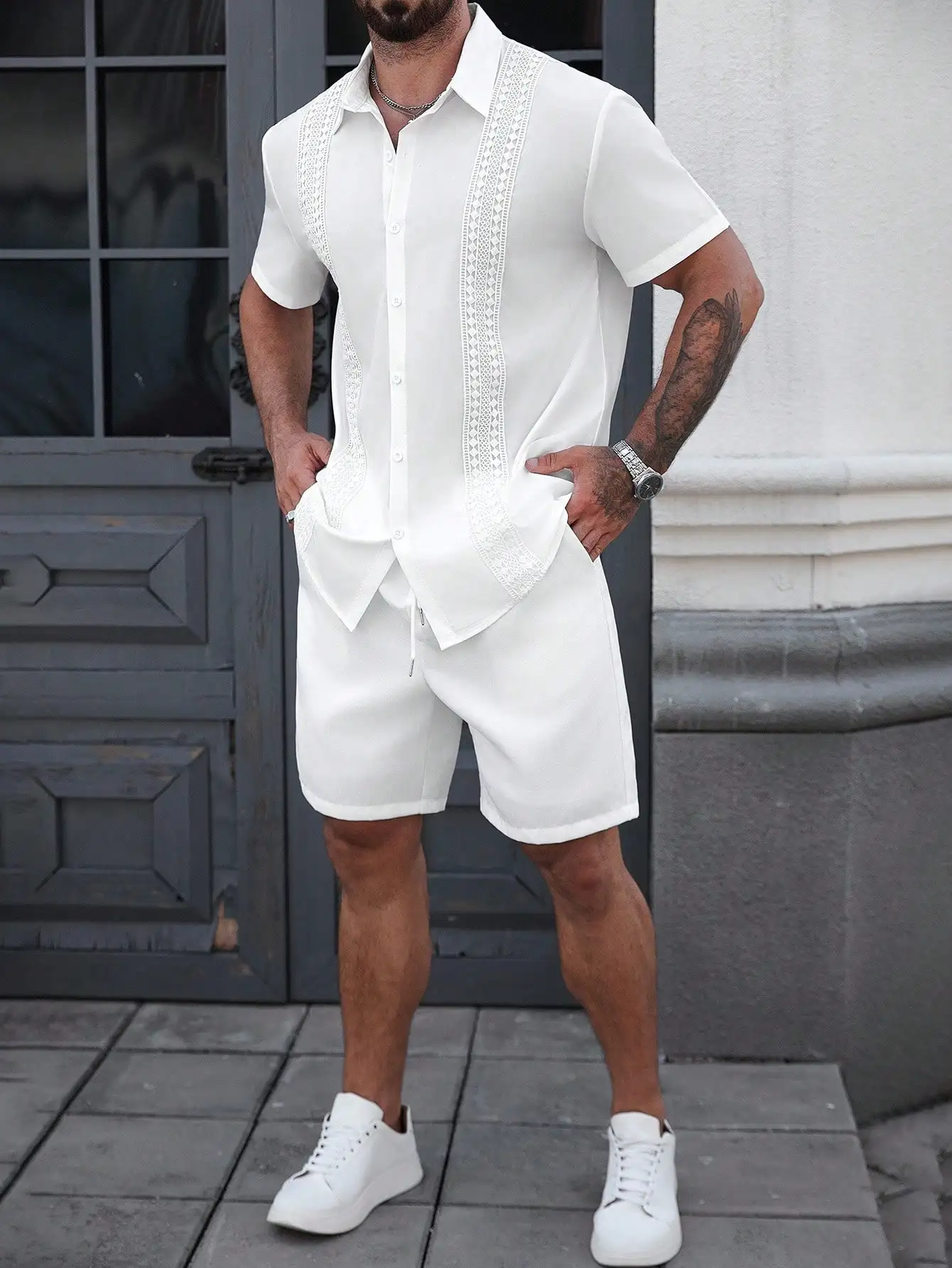 

Men's Summer Solid White Lace Trimmed Short Sleeve Single Breasted Casual Shirt And Shorts Set