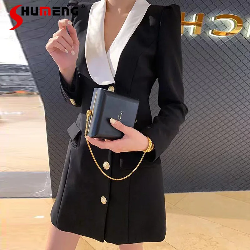 

2021 Autumn Winter Women's Clothing Black Temperament Slimming Suit Jacket Female Long Sleeve Slimming Colorblock Blazer Coat