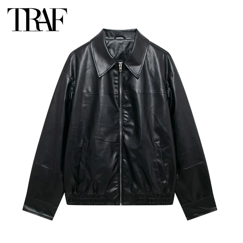 TRAF Faux Leather Jacket Outerwears 2024 Women\'s Autumn Bomber Jacket Coat Ladies Fashion Brown Black Long Sleeve Oversized Coat