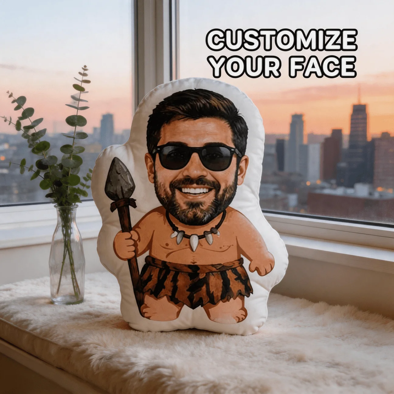 Custom Photo Caveman Shaped Pillow, Funny Bearded for Man with Fashion Glasses & Spear Personalized Decorative Cushion, Unique H