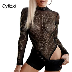 CyiExi Black Gold Rhinestone Women Sexy Bodysuit Plus Size Long Sleeve Mesh Sheer Bodycon Bodysuits Party Club Body Tops S-3XL