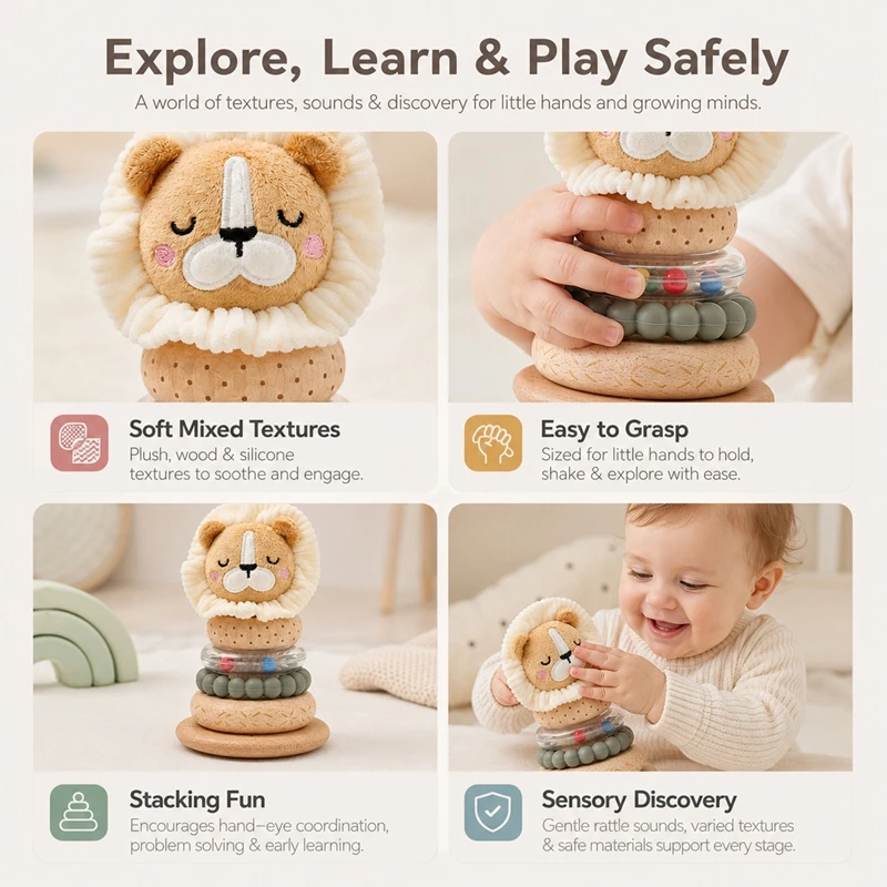 Children Sensory Toys For Baby Pole Stack Toy Wooden Cartoon Lion Montessori Building Game Soft Cotton Baby Teether Rattle Gifts