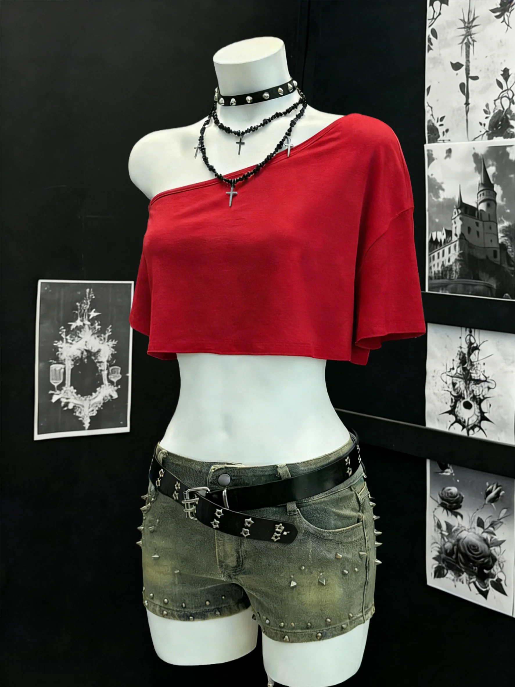 Damen One-Shoulder Kurzarm Crop-Top Asymmetrischer Ausschnitt Hochelastisches Weiches Leichtgewicht-Gewebe Locker Sitzend Y2K Alltag Ausgehzubehör – Detail 2