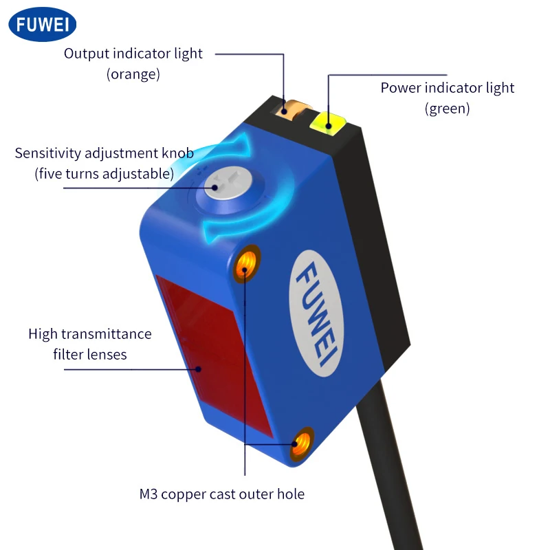 FUWEI Photoelectric Sensor Switch with Background Suppression Infrared Detection 12-24VDC Industrial Laser Sensor for Automation