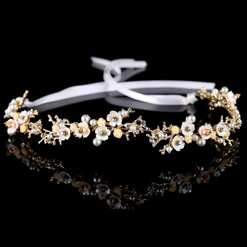 

Simple Flower Headbands Bride Wedding Hair Jewelry Elegant Ribbon Hairbands Pearls Headwear Women Girls Party Hair Accessories