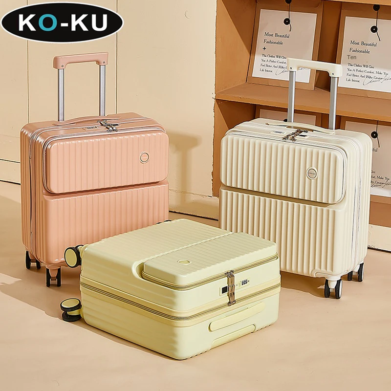 KO-KU Front Opening Small Trolley Suitcase 18/20 Inch Boarding Box Student Multifunction Password  Combination Suitcase