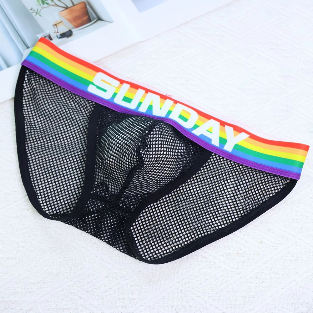 Men Colorful Striped Femboy Lingerie Mesh High Fork Brief See Through Underwear Breathable Hollow OutUnderpant Male Sexy Panties