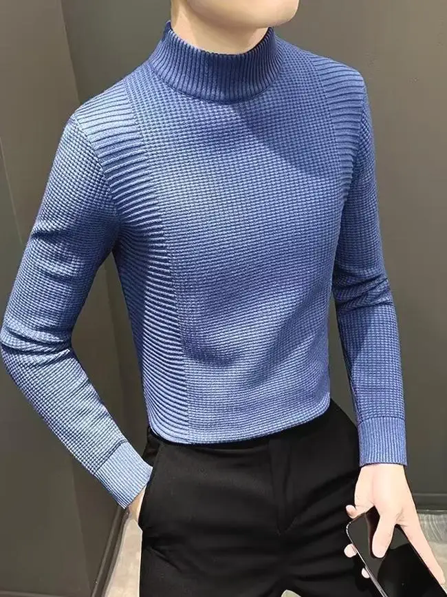 

Slim Fit Long Sve Knitted Sweater f High Collar Wool Core Yarn Men's Wfle Pattern Base Layer irt Autumn Casual Wear
