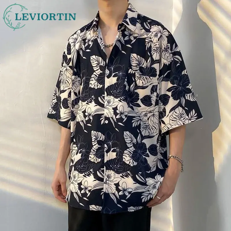 

Summer Printing Short Sleeve Shirt Men Fashion Society Mens Dress Korean Loose Ice Silk Shirts Hawaiian