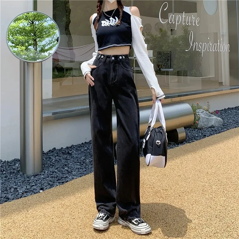 Vrouwen Hoge Taille Slanke Rechte Denim Broek Vloer Mop Jeans Broek Vrouwelijke Verslapping Sensation Loszittende Wijde Pijpen Jeans