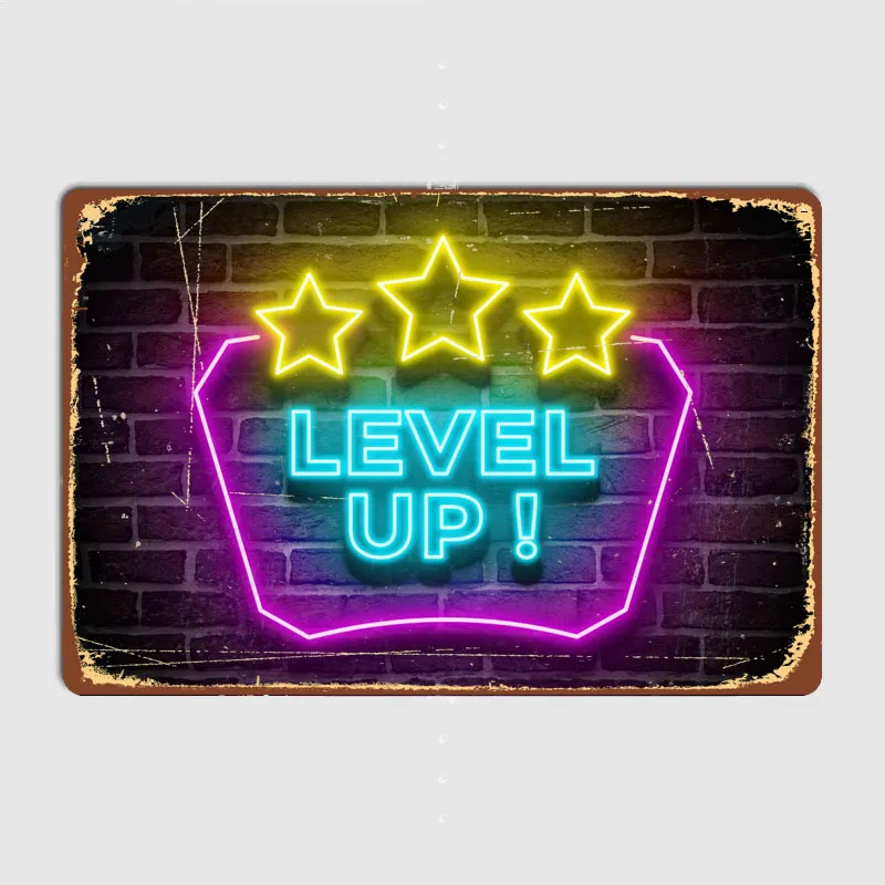 Level Up Neon Sign Metal Wall Art Cave Pub Classic Painting Tin Neon Sign Vintage Posters Room Decor Home Decoration