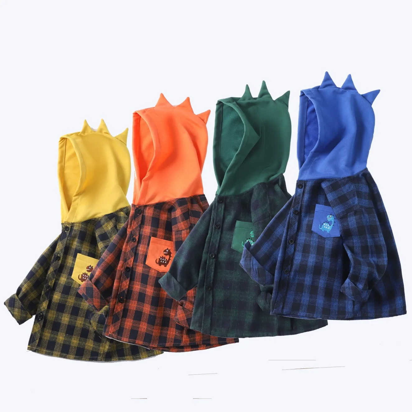 

2023 Baby Boys Dinosaur Plaid Shirts Kids British Style Embroidered Cartoon Hooded Shirts Cotton Jacket Tops Children's Clothing