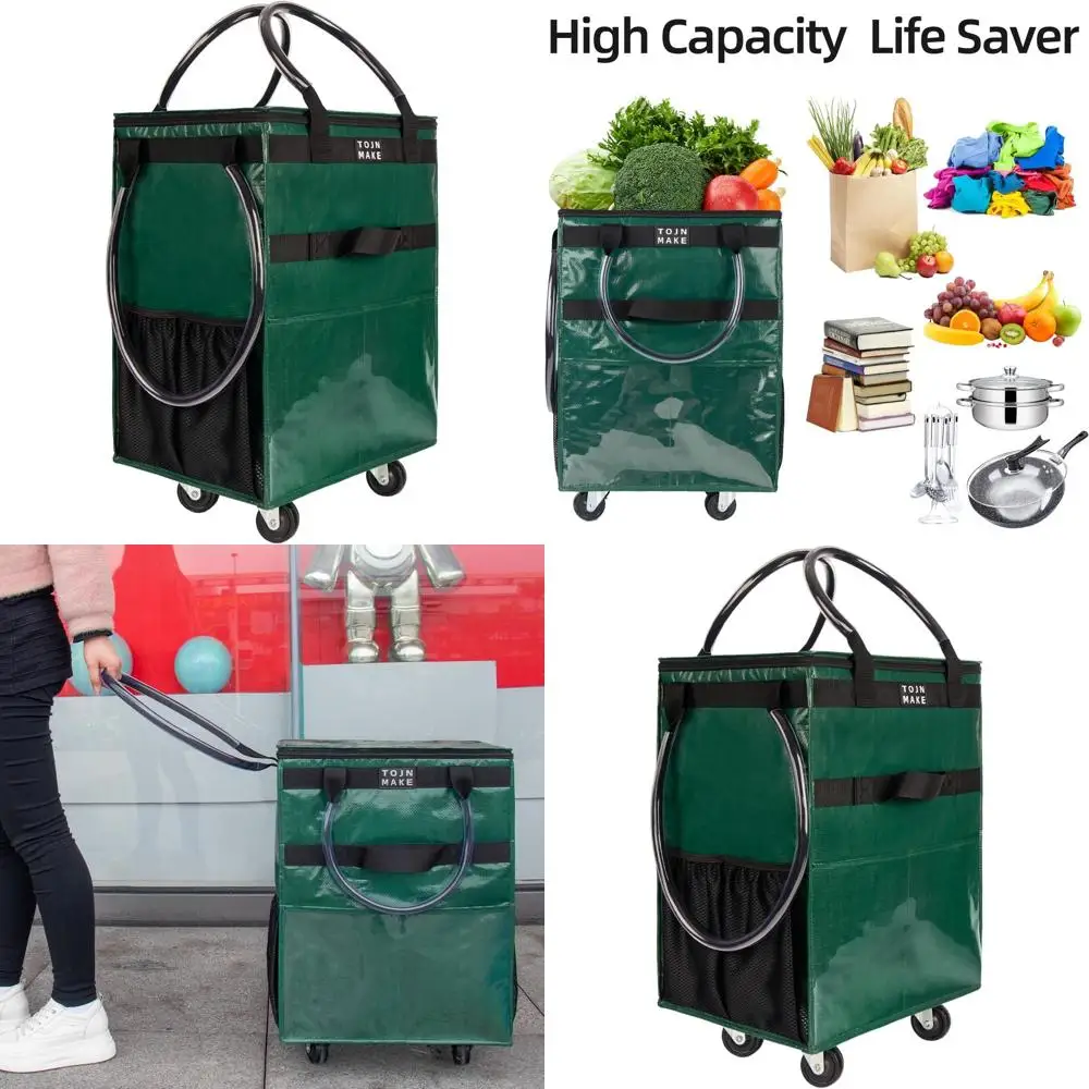 

Large Green Rolling Shopping Trolley with 8 Pockets, Zippered Cover, Heavy-Duty Handles, Holds 66 LBS