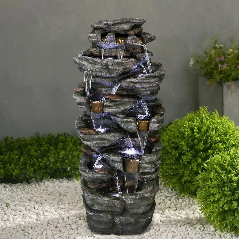 Large Outdoor Water Fountain - 47 1/5” H 9-Tier Outdoor Garden Fountain with LED Light, Stone-Liking Natural Looking Resin