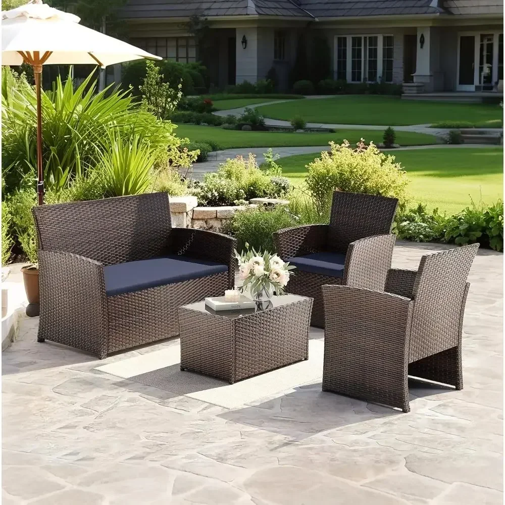 4-Piece Outdoor Patio Furniture Set with All-Weather Wicker, Coffee Table, Armchair, Loveseat, and Sectional, Suitable for Indoo