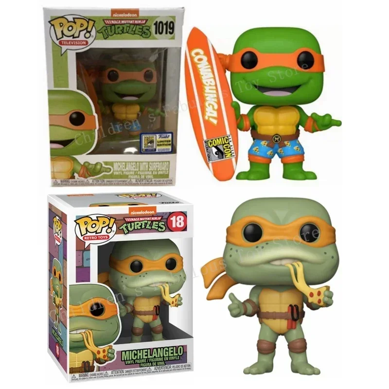 NUEVA llegada funko pop Tortugas # 18 Michelangelo con sufrboard # 1019 Figuras de acción de anime Colección de juguetes Muñecas Regalos para niños