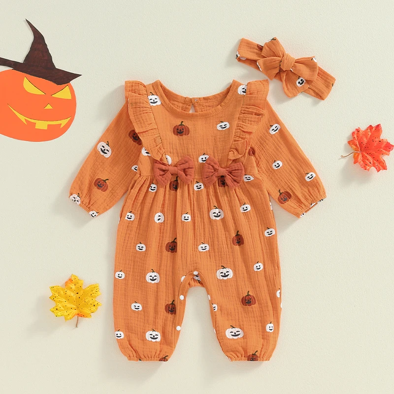 My First Halloween Baby Girl Outfit Pumpkin Long Sleeve Jumpsuit Cotton Linen Romper 1 Piece Fall Outfit Headband