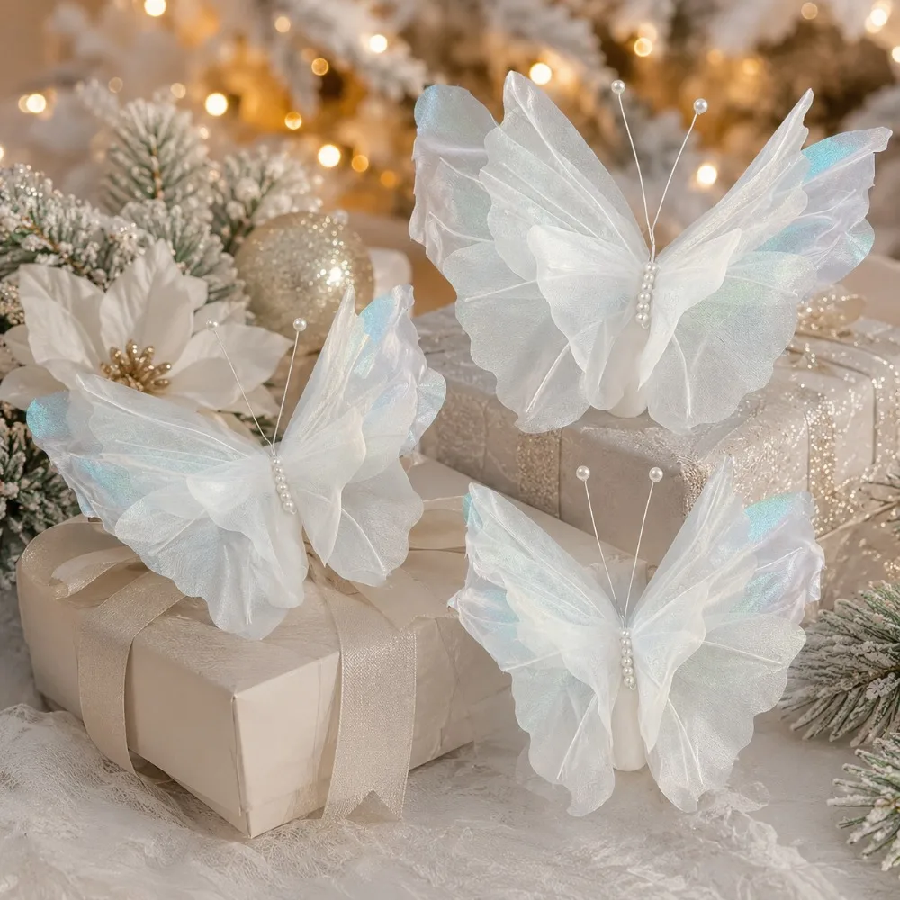 3 Stück große hängende Weihnachtsschmetterlingsdekorationen, laserbeschichtete synthetische Schmetterlinge, Weihnachtsbaumdekorationen – Detail 8