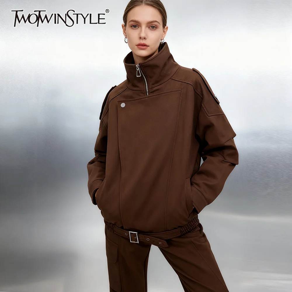 

TWOTWINSTYLE однотонные свободные модные куртки со складками для женщин, повседневная куртка с высоким воротом и длинными рукавами в стиле пэчворк на шнуровке