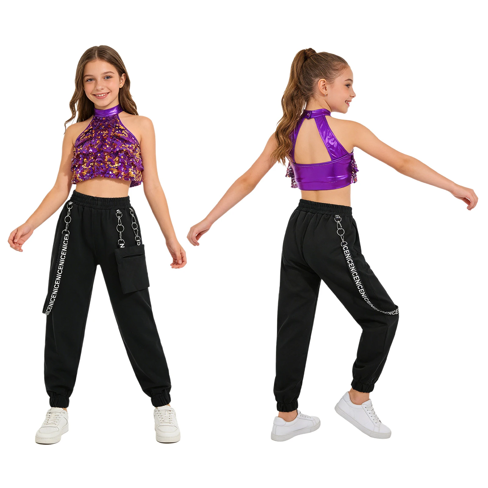 Children Girls Shiny Sequins Backless Crop Top with Metal Chain Pocket Pants Modern Jazz Hip Hop Dance Performance Costume