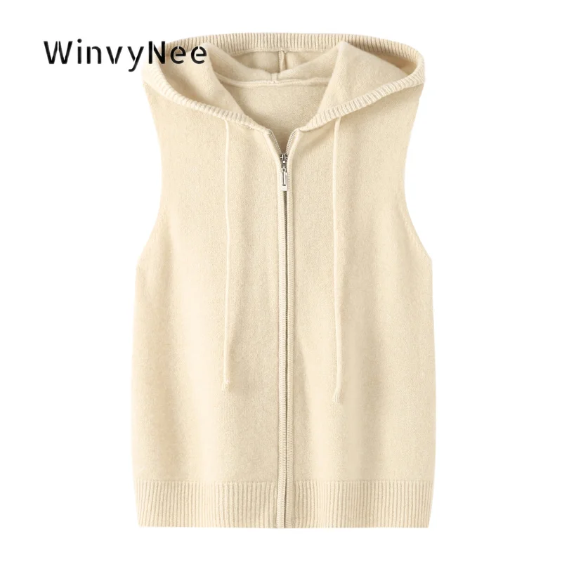 WinvyNee Women Hooded Gilet Pure Wool Zipper Knit Vest Trendy Sleeveless Cardigan Daily Layering Soft Outer Casual Wear C1733061