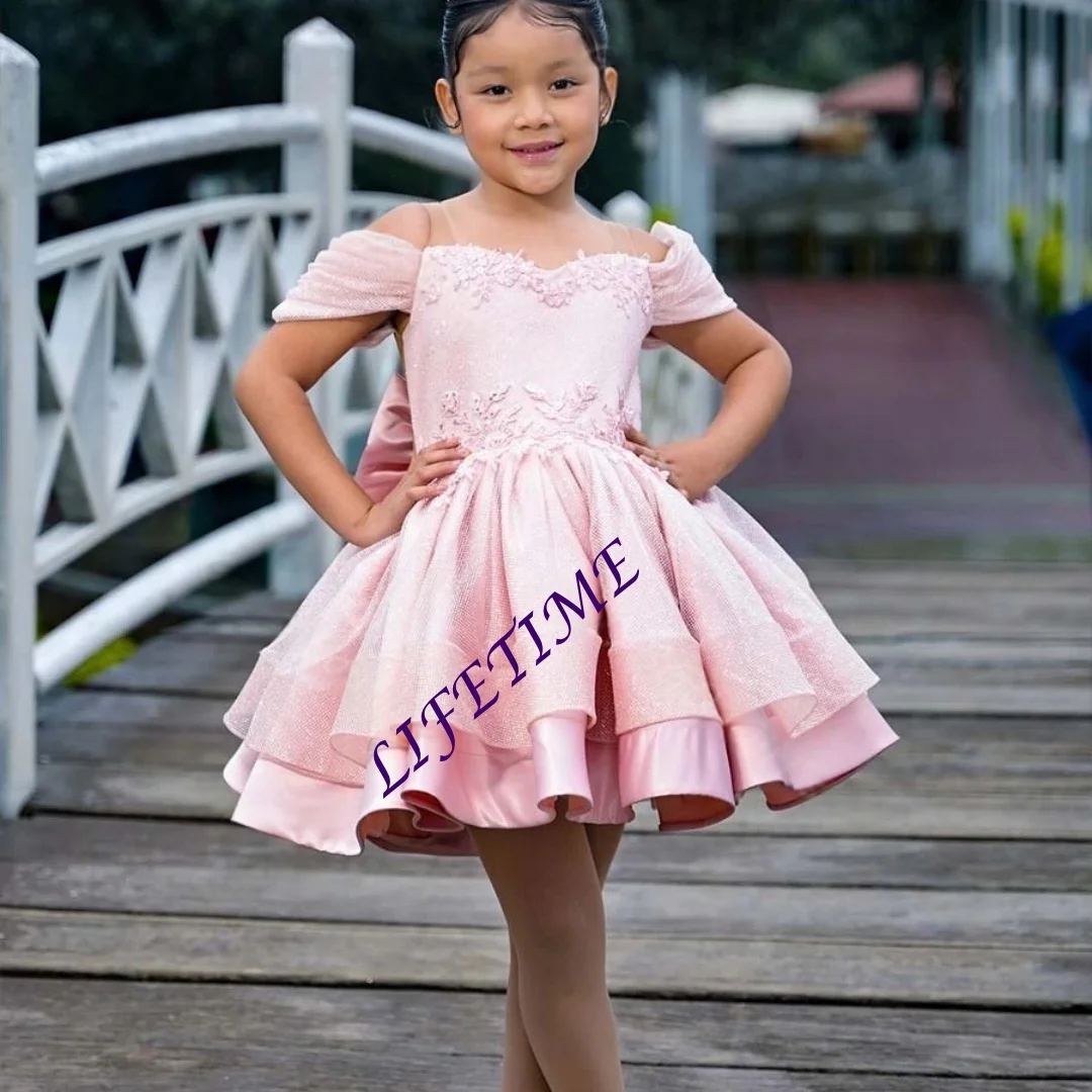 

Тюлевое платье с блестящими аппликациями для девочек-цветочниц на свадьбу, пышное платье принцессы с прозрачным вырезом и заниженными плечами, съемное по индивидуальному заказу