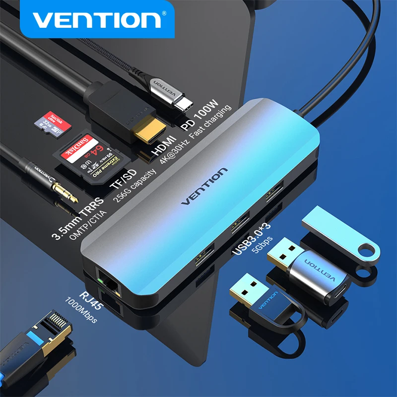 

Концентратор Vention USB 3.0 Type-C на 4K HDMI RJ45 PD100W Разветвитель USB3.0 3,5 мм SD/TF для ноутбука MacBook Адаптер 9 в 1, док-станция