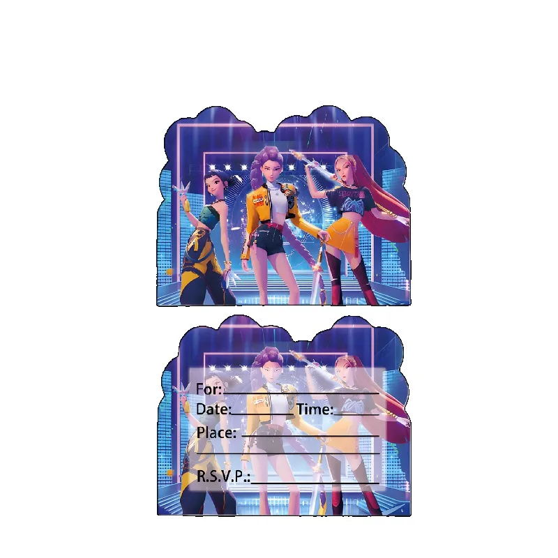 10PCS KPop Demon Hunters Birthday Invitation Card Cartoon Greeting Card Blessing Thank Envelope Postcard Paper Party Supplies