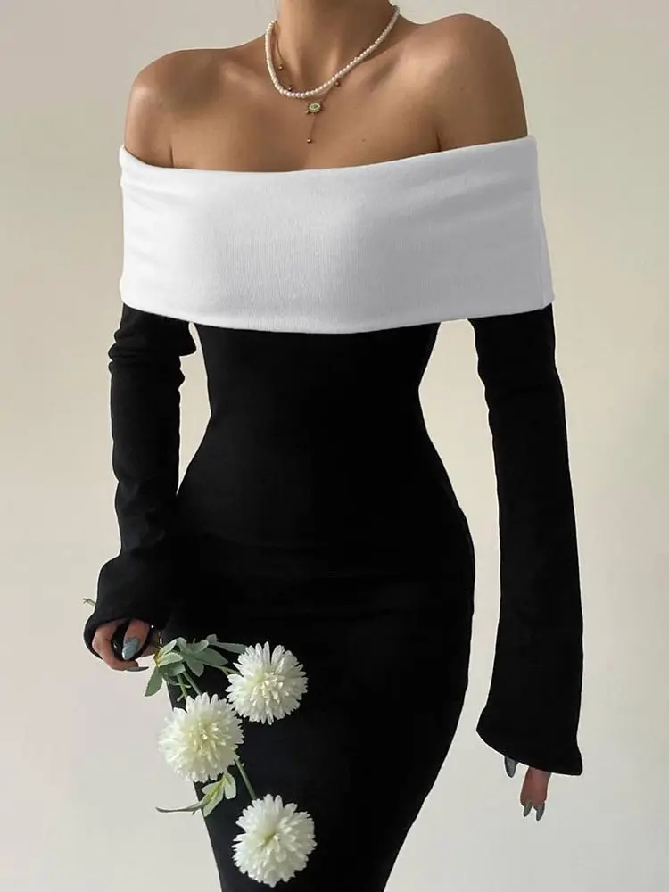 

French Style Fashion Classic Contrasting Layered Chest Wrapped Long Sleeved Slim Fit Hip Wrapped Temperament Long Dress