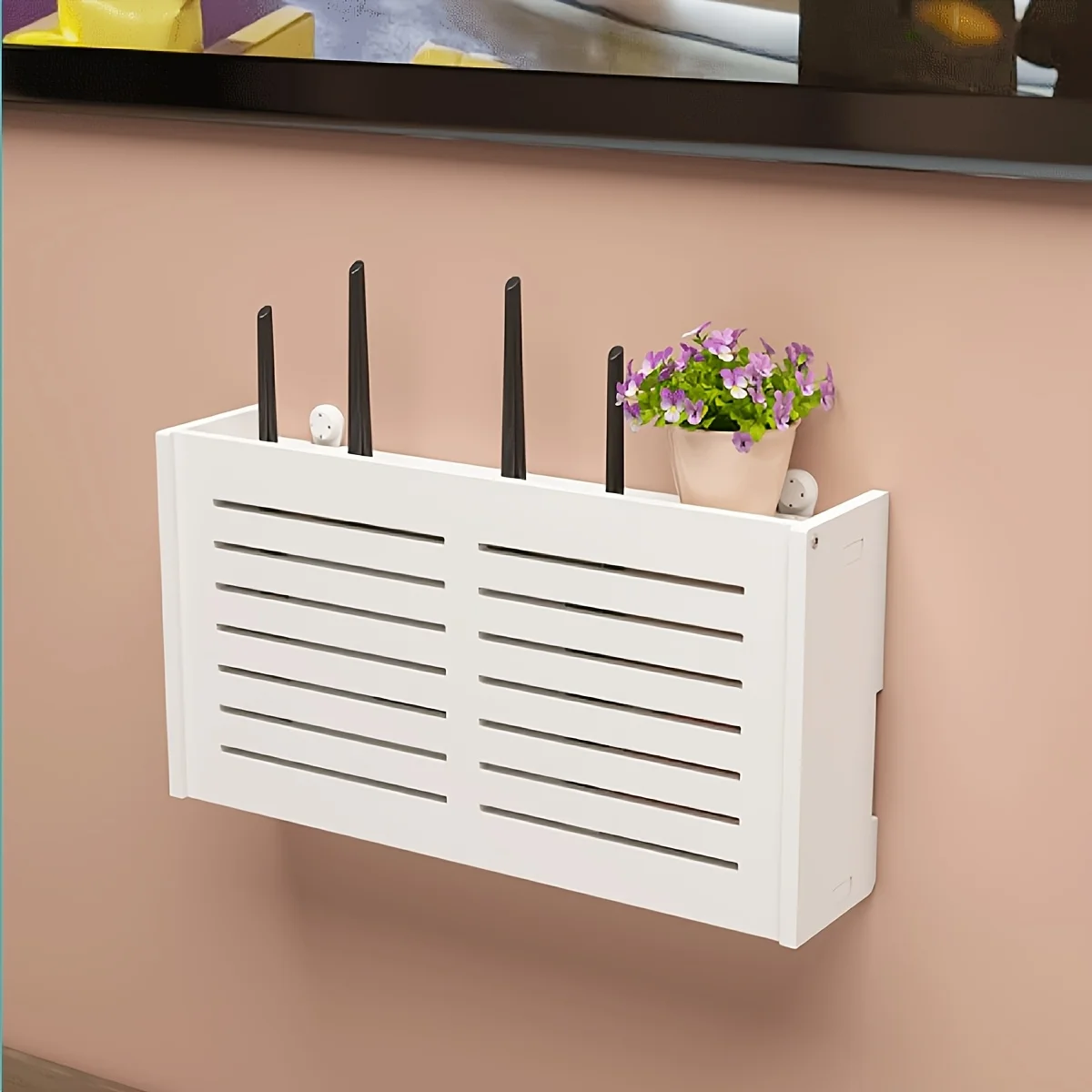 Estante Minimalista Blanco de PVC para Router WiFi, Organizador sin Perforaciones con Lindos Diseños Recortados, Caja de Gestión de Cables para Livi