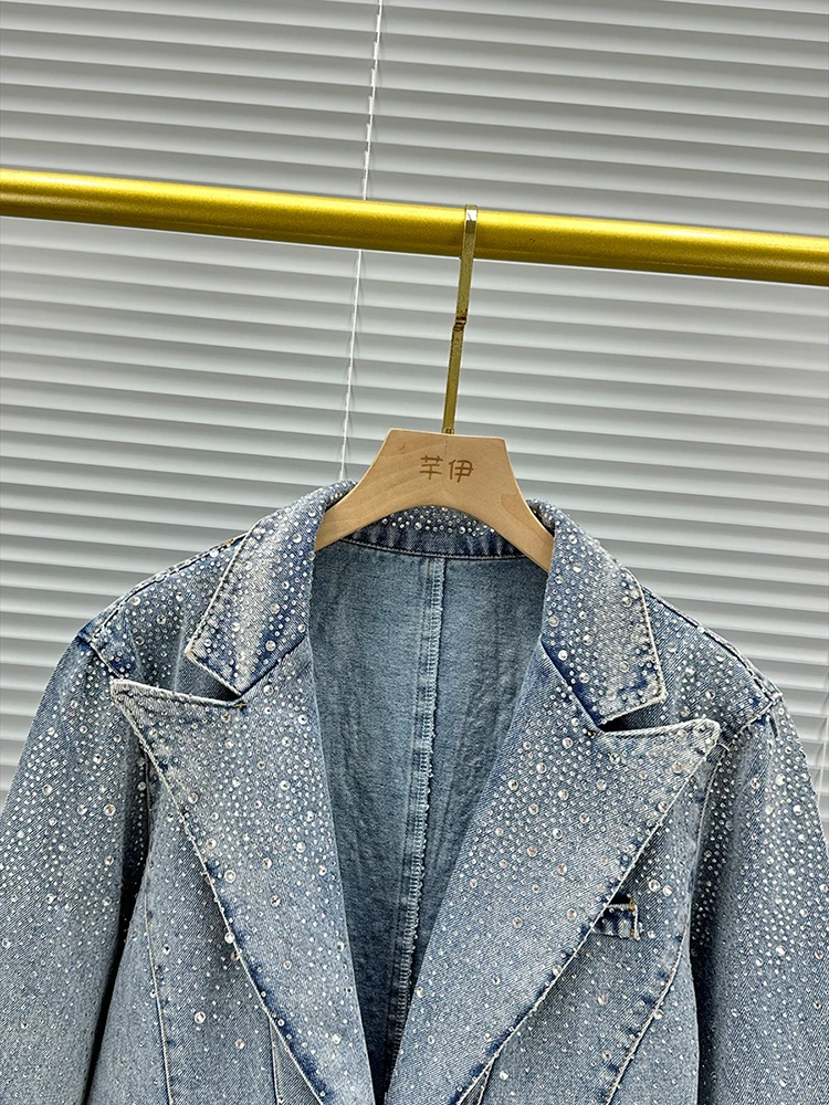 European Style rhinestone denim top women's fashion autumn new collection 2025 loose and versatile mid length suit jacket