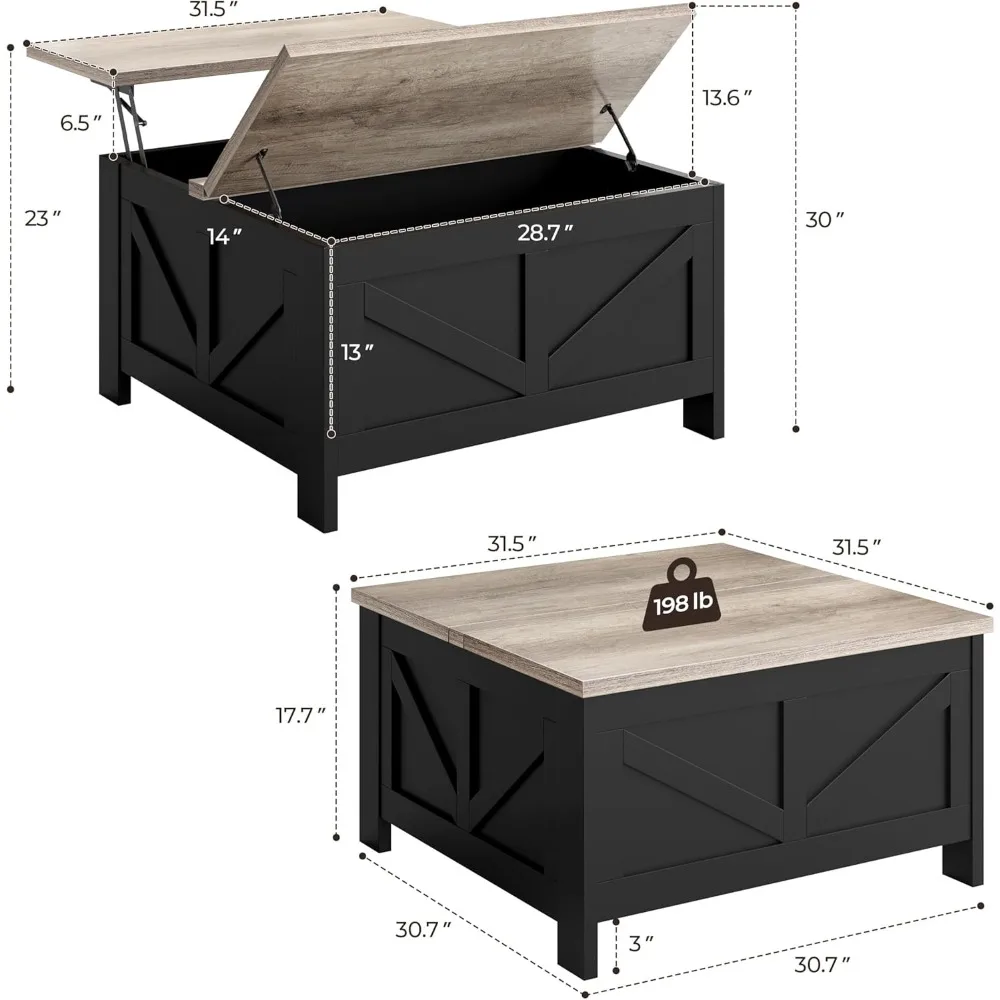 Lift Top Storage Coffee Table, Square Living Room Furniture, 31.5 Inches Center Table with Large Hidden Storage Space
