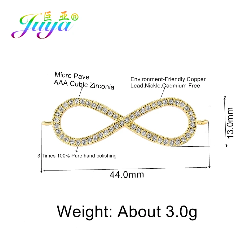 Juya 18K Gold Plated Pave Zircon Copper Infinity Connector Charms Accessories For DIY Fashion Bracelets Jewelry Making Berloque