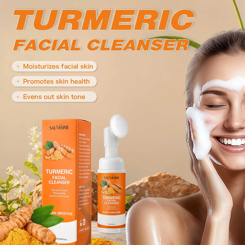 

Turmeric Cleanser Sulfur Cleanser Facial Brightening Skin Tone Daily Face Wash Foam with Brush Deep Chean Skin Care