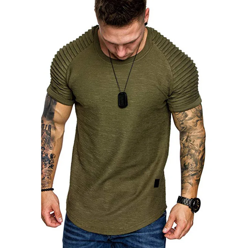 New summer crew-neck slim-fit pleated casual short-sleeved youth fashion base shirt men\'s sports shoulder sleeve top