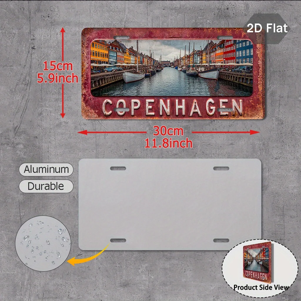 Copenhagen Canal 2D Flat Printing Vintage Aluminum Sign (29.97cm x 14.99cm), Danish Style Decor, Exterior Decorative Accessory