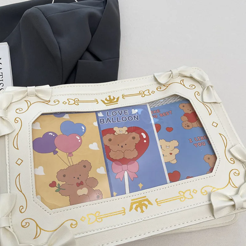 Bowknot Decor Y2k Lolita Itabag Girl Transparent Pocket Harajuku Pain Handbag Chain Japanese Shoulder Bag PU Crossbody Bag Women