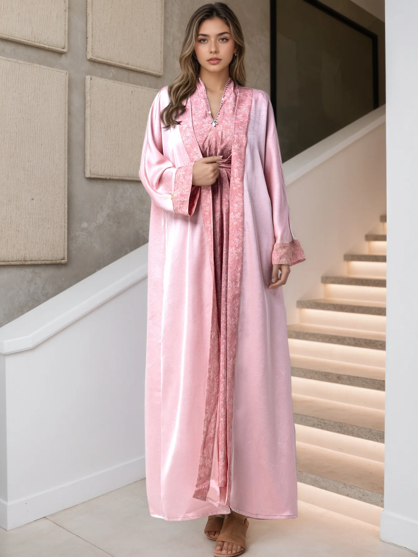 

Pink Two Piece Kimono Cardigan Abaya Dress Muslim Sets for Women Dubai Kaftan Kebaya Caftan Marocain Femme Robe Islam Jalabiya