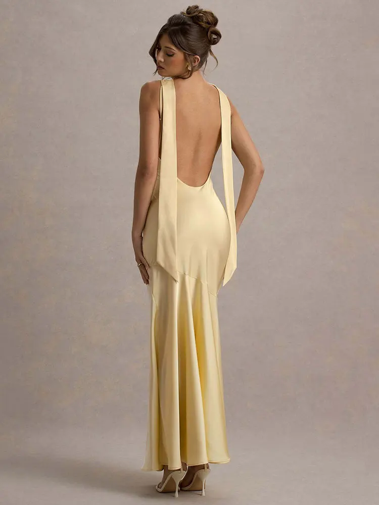 GACVGA エレガントなホルターマキシドレス女性のための 2025 夏スイング襟背中の開いたセクシーなボディコンクラブパーティーロングフィッシュテールドレス